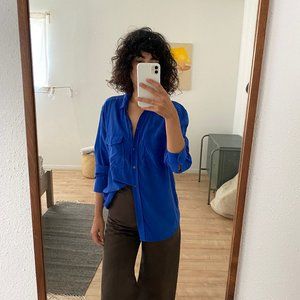 Vintage Electric Blue Silk Button Up Shirt